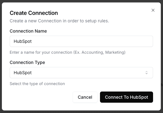 Meshes UI showing the create connection dialog for HubSpot