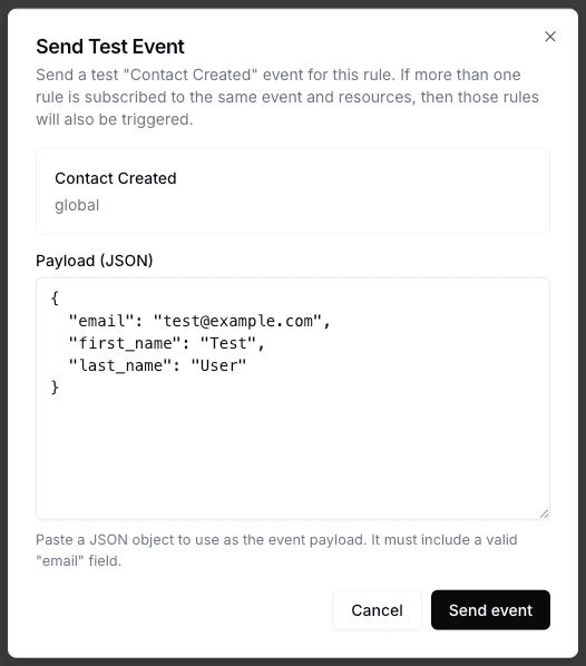 Meshes UI showing the send test event dialog